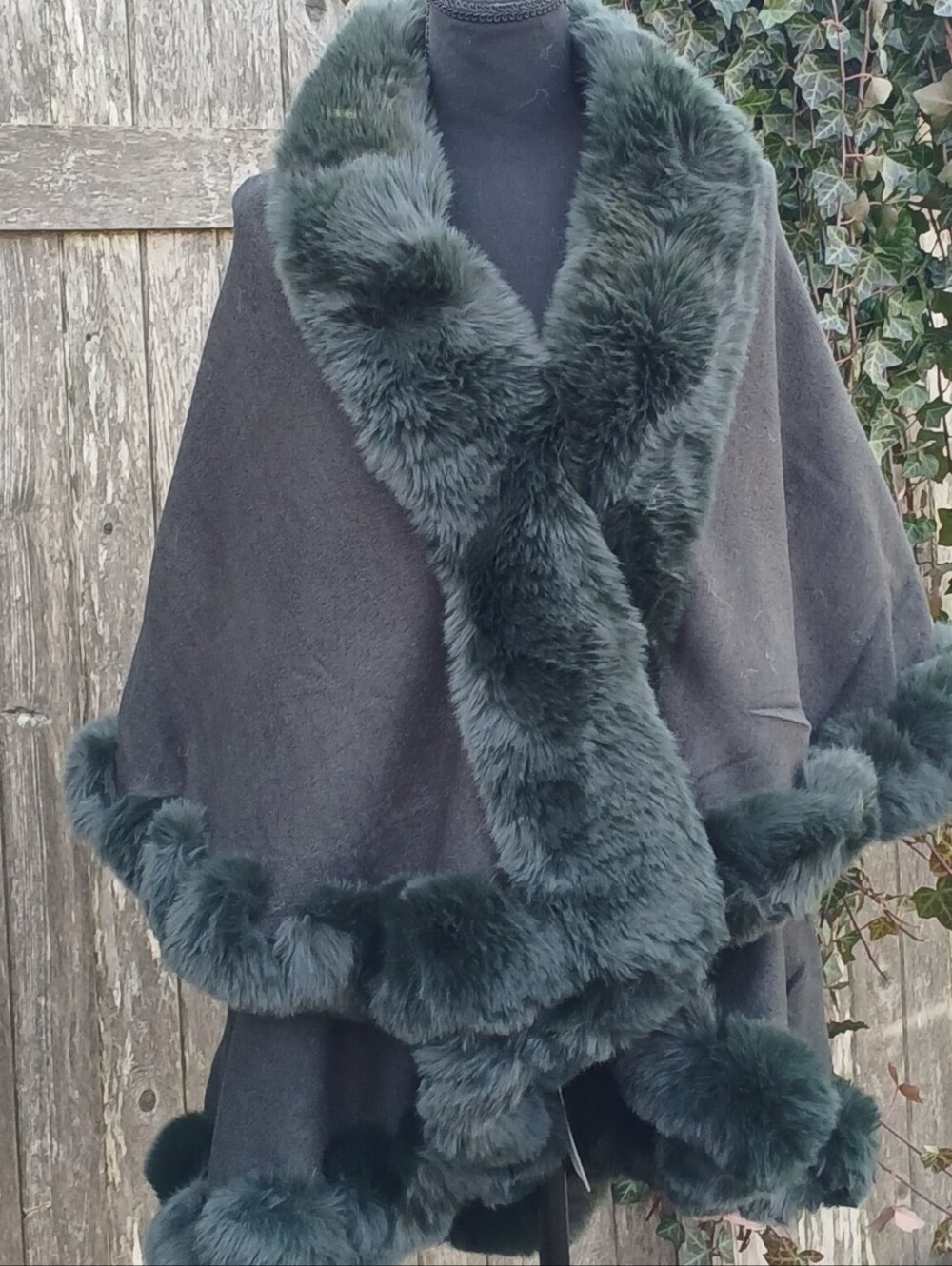 Deep Forrest Green Wrap Cape With Faux Fur Accents